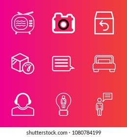 Premium set with outline vector icons. Such as delivery, bedroom, photographer, electric, electronic, weight, photo, sign, double, picture, order, retro, tv, package, concept, chat, support, box, web