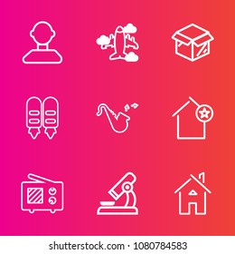 Premium set with outline vector icons. Such as bugle, airplane, person, house, air, communication, radio, aircraft, microscope, musical, favorite, apartment, new, aviation, jazz, architecture, estate