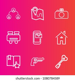 Premium set with outline vector icons. Such as building, click, people, architecture, estate, leadership, digital, navigation, sign, photography, pistol, map, structure, manager, mail, business, house