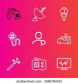 Premium set with outline vector icons. Such as search, magician, medicine, wizard, transport, wand, sky, lorry, shipping, magic, scoop, communication, dish, computer, cold, house, transportation, joy