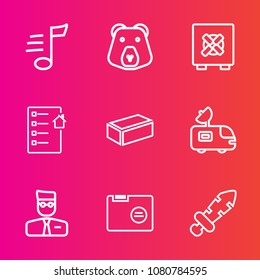 Premium set with outline vector icons. Such as building, web, musical, estate, blade, file, office, construction, lock, bear, tune, account, medieval, nature, user, brick, wildlife, grizzly, knight