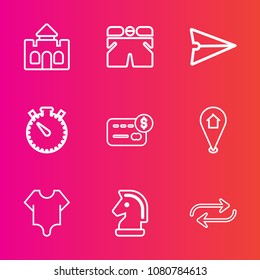 Premium set with outline vector icons. Such as game, time, white, tower, change, shorts, email, internet, medieval, chess, credit, kingdom, replace, architecture, balance, message, timer, clock, wear