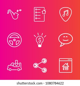Premium set with outline vector icons. Such as house, instrument, speech, guitar, lab, jazz, rock, message, property, transportation, trumpet, medicine, agent, investment, online, brass, technology
