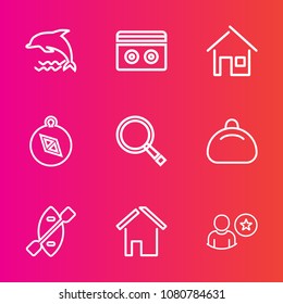 Premium set with outline vector icons. Such as blue, building, paddle, leather, sign, architecture, retro, online, wildlife, business, construction, boat, style, animal, property, sound, canoe, house