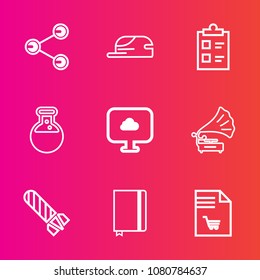 Premium set with outline vector icons. Such as baseball, explosion, vintage, power, test, laboratory, market, share, danger, hat, fashion, head, equipment, list, form, checklist, page, element, tick