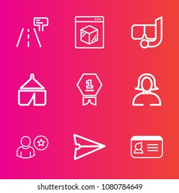 Premium set with outline vector icons. Such as internet, first, winner, blank, shipping, name, communication, face, woman, white, travel, online, identification, sign, service, identity, id, logistic