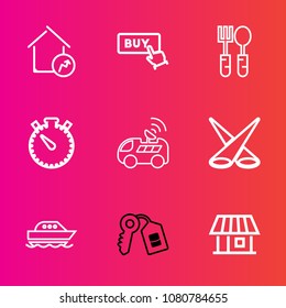 Premium set with outline vector icons. Such as watch, spotlight, home, vehicle, key, time, boat, scene, web, background, mortgage, house, building, yacht, purchase, clock, car, sea, table, dinner, buy