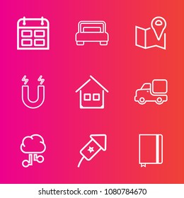 Premium set with outline vector icons. Such as truck, communication, event, calendar, celebration, lorry, furniture, science, bedroom, business, internet, network, transportation, paper, holiday, home