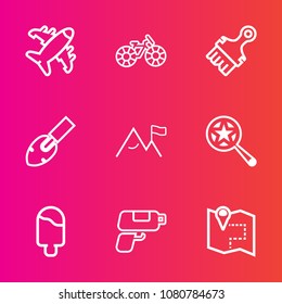 Premium set with outline vector icons. Such as paintbrush, gun, food, dessert, shovel, cycle, aircraft, element, location, brush, hammer, bike, find, pedal, plane, bicycle, transportation, magnifying