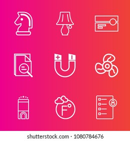 Premium set with outline vector icons. Such as stereo, success, lamp, chess, tool, music, fan, competition, ventilator, cassette, bulb, audio, horse, business, room, job, thermometer, game, science