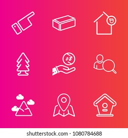 Premium set with outline vector icons. Such as birdhouse, owner, money, finger, finance, tree, travel, account, construction, brick, sky, bird, home, mountain, web, location, industry, male, business