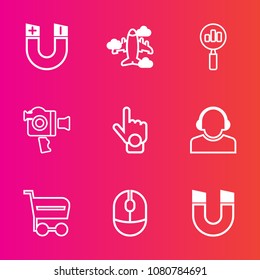 Premium set with outline vector icons. Such as film, aviation, cart, video, camera, buy, device, science, gesture, magnetic, transportation, find, equipment, education, finger, air, travel, handle