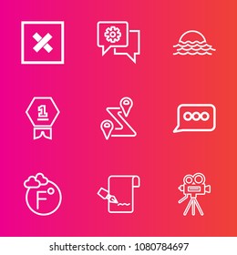 Premium set with outline vector icons. Such as first, application, web, element, speech, list, sky, sun, winner, retro, place, route, camera, tripod, paper, chat, video, phone, road, movie, location