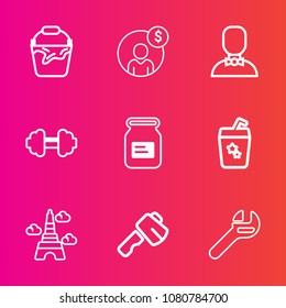 Premium set with outline vector icons. Such as household, concept, clean, repair, drink, tower, financial, paris, landmark, economy, juice, money, tin, hammer, spanner, screwdriver, internet, glass