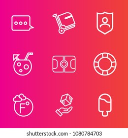 Premium set with outline vector icons. Such as sweet, internet, airport, communication, inflatable, water, baggage, luggage, shipping, security, food, bag, ice, fahrenheit, package, suitcase, pool