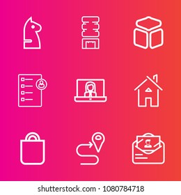 Premium set with outline vector icons. Such as competition, cooler, white, mail, estate, cold, gift, chess, home, route, technology, checklist, envelope, building, people, sign, present, drink, square