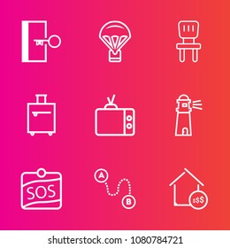 Premium set with outline vector icons. Such as bag, sea, interior, label, fire, real, parachute, suitcase, emergency, property, parachuting, travel, home, video, point, extreme, arrow, television, sky