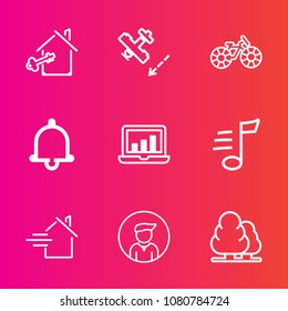Premium set with outline vector icons. Such as agent, forest, aviation, screen, business, boy, chart, aircraft, wheel, graphic, transportation, laptop, computer, house, male, key, real, alert, man