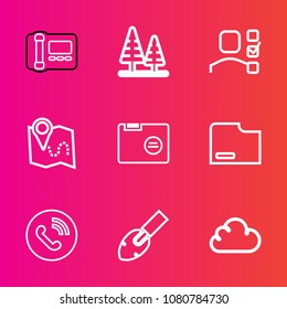 Premium set with outline vector icons. Such as ring, phone, personal, office, landscape, white, shovel, pine, plan, construction, paper, file, location, wood, circle, tree, business, pin, trunk, time