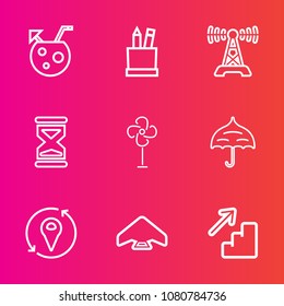 Premium set with outline vector icons. Such as open, sky, cooler, party, equipment, downstairs, umbrella, technology, fan, pencil, cocktail, up, down, jump, alcohol, glass, hour, sand, communication