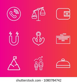 Premium set with outline vector icons. Such as bag, blue, suitcase, travel, personal, field, landscape, circle, success, trip, growth, luggage, development, anchor, wallet, laptop, measurement, purse