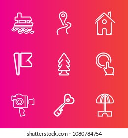 Premium set with outline vector icons. Such as equipment, landscape, boat, america, sign, location, finger, nation, button, environment, navigation, vessel, gps, home, nature, nautical, sea, national