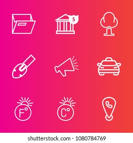 Premium set with outline vector icons. Such as open, location, voice, speaker, map, folder, object, transport, business, empty, phone, office, forest, financial, money, thermometer, sound, paper, bank