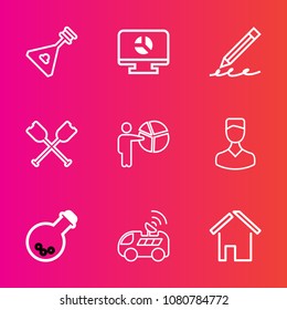 Premium set with outline vector icons. Such as avatar, play, tool, business, musical, house, paddle, medicine, people, folk, human, home, boat, melody, art, infographic, music, equipment, businessman