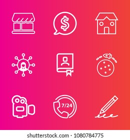 Premium set with outline vector icons. Such as hand, write, contact, video, modern, planet, communication, front, call, price, frame, book, circle, service, business, tag, curtain, industry, address