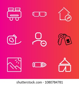 Premium set with outline vector icons. Such as electrical, glasses, view, nature, weapon, increase, gun, sign, discovery, modern, see, property, concept, spy, summer, key, scenery, style, white, photo