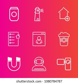 Premium set with outline vector icons. Such as ocean, male, sea, food, retro, metal, sky, cup, cosmonaut, document, video, water, navigation, internet, aluminum, tin, field, property, drink, canned