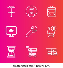 Premium set with outline vector icons. Such as clock, repair, cloud, spanner, shop, blue, retail, object, hourglass, cafe, man, internet, interior, wooden, rail, transportation, bar, train, light, pub