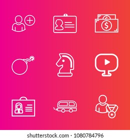 Premium set with outline vector icons. Such as security, cash, horse, identity, currency, strategy, weapon, account, consultant, game, identification, coin, network, money, travel, add, falling, id