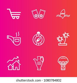 Premium set with outline vector icons. Such as vintage, compass, store, property, parachuting, tropical, surfer, tree, direction, sky, classic, equipment, tobacco, ocean, decoration, refreshment, shop
