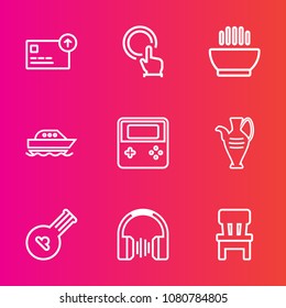 Premium Set With Outline Vector Icons. Such As Sound, Boat, Dish, Room, Decoration, Button, Food, Finance, Click, Hot, Push, Instrument, Business, Lunch, Home, Stereo, Money, Audio, Finger, Web, Hand