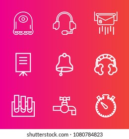 Premium set with outline vector icons. Such as faucet, ring, presentation, business, funny, people, monster, research, mail, call, message, watch, paper, sink, post, laboratory, equipment, analysis