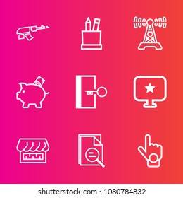 Premium set with outline vector icons. Such as tool, drawing, shop, coin, escape, automatic, money, war, school, black, computer, army, stationery, broadcast, rifle, exit, communication, investment