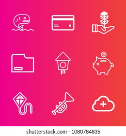 Premium set with outline vector icons. Such as trumpet, buy, fresh, wooden, fish, debit, internet, home, kite, paper, fun, white, jazz, bugle, credit, document, fishing, musical, file, card, summer