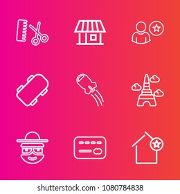 Premium set with outline vector icons. Such as money, skateboard, style, cartoon, hairdresser, profile, happy, house, online, salon, tower, card, board, building, bank, favorite, france, skate, comb