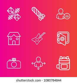 Premium set with outline vector icons. Such as communication, antenna, safety, security, bag, internet, guitar, flame, music, wireless, technology, leather, photography, travel, direction, power, road