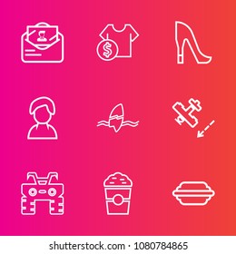 Premium set with outline vector icons. Such as post, burger, mail, sign, airplane, drink, hamburger, human, white, letter, wheel, lettuce, female, shoe, profile, plane, person, surfer, travel, sale