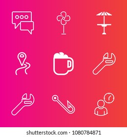 Premium set with outline vector icons. Such as bubble, drink, ventilator, equipment, cafe, navigation, wrench, wind, tool, cooler, business, object, counter, cup, dialog, location, time, communication