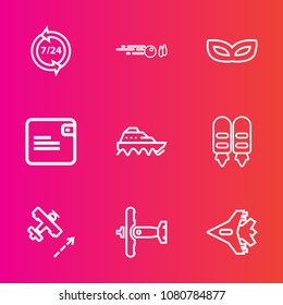 Premium set with outline vector icons. Such as military, money, hit, operator, flight, ball, decoration, wallet, , carnival, sea, costume, jetliner, recreation, mask, war, customer, jet, dollar, purse