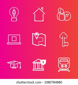 Premium set with outline vector icons. Such as transport, business, travel, metal, sign, graduation, key, road, college, bowling, building, concept, old, real, idea, creative, inspiration, bulb, game
