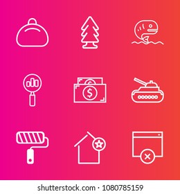 Premium set with outline vector icons. Such as tool, favorite, landscape, sea, fish, bag, magnifying, army, home, roll, food, environment, white, sign, object, seafood, paint, green, nature, style