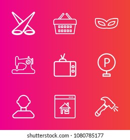 Premium set with outline vector icons. Such as equipment, lot, sewing, machine, video, sew, bright, buy, backdrop, show, real, technology, background, shovel, road, mask, scene, online, profile, spot