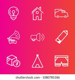 Premium set with outline vector icons. Such as adventure, idea, transportation, power, estate, transport, white, weight, building, lamp, template, light, energy, van, electric, communication, record