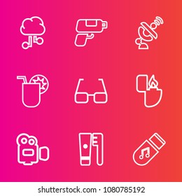 Premium set with outline vector icons. Such as clean, music, earth, satellite, storage, pistol, science, business, technology, eyeglasses, summer, cigarette, retro, object, flame, element, brush, gun