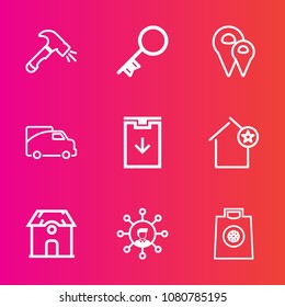 Premium set with outline vector icons. Such as gps, safe, construction, house, transport, technology, sale, vehicle, screwdriver, download, white, location, lock, transportation, pin, estate, buy, van