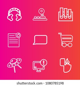 Premium set with outline vector icons. Such as device, computer, modern, object, spacecraft, trolley, sound, desktop, cart, background, space, real, estate, buy, medicine, market, talk, internet, ufo